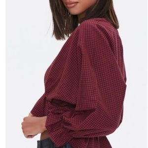 Forever 21 Navy/Red Gingham Flounce Shirt